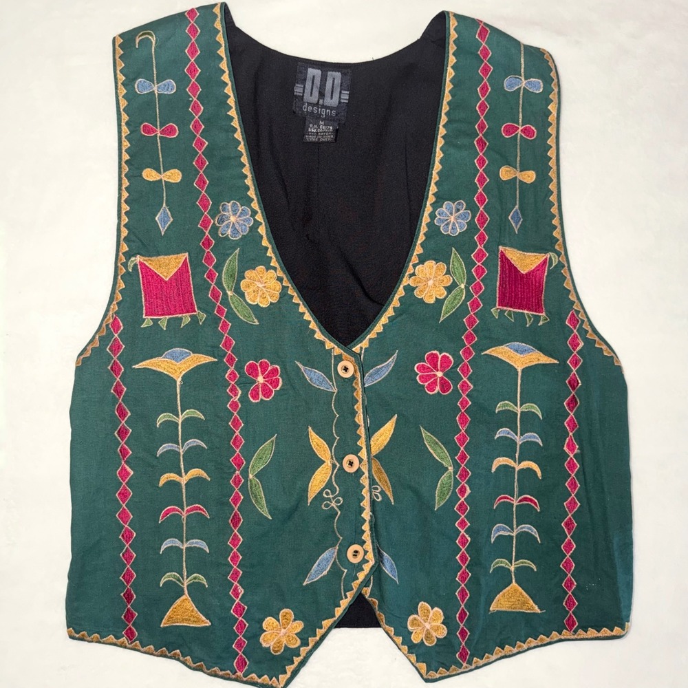 Vintage D.D. Designs Green Embroidered Floral Boho Vest Medium Cotton Rayon